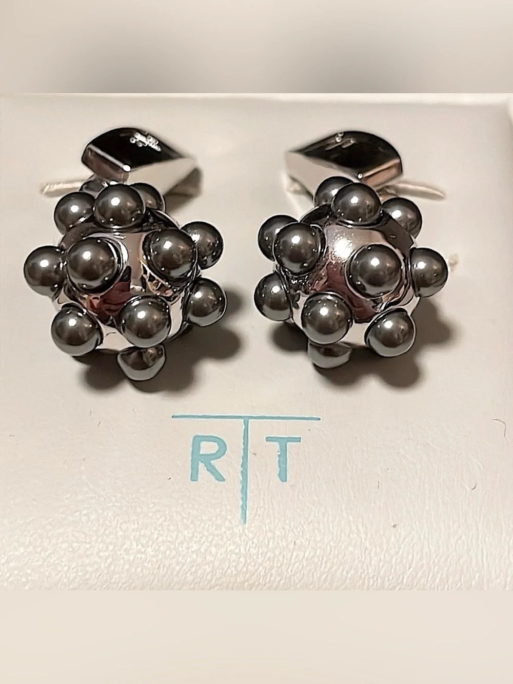 Tateossian Pearl Ball Cufflinks Silver Tone Gray Boxed Designer Luxury Modern